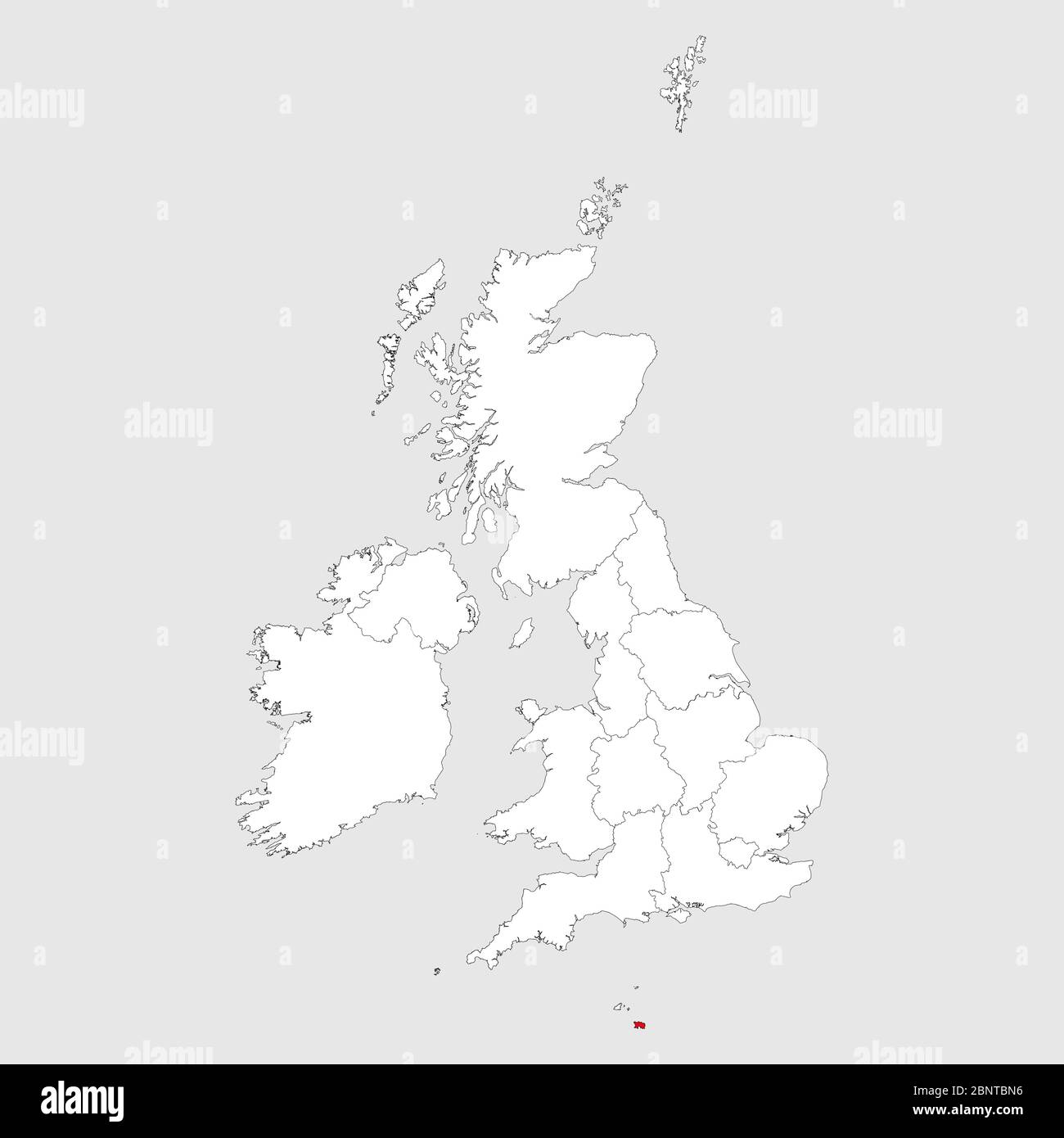 Jersey map highlighted red on united kingdom political map. Light gray