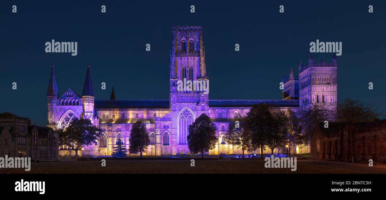 Durham Cathedral floodlit on May15 2020 in blue at night to celebrate NHS Covid19 Key Workers, Durham City, County Durham, England, United Kingdom Stock Photo