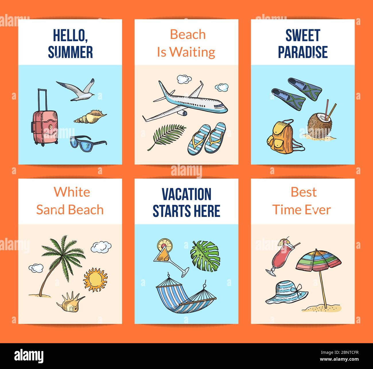 Vector hand drawn summer travel elements card templates set ...