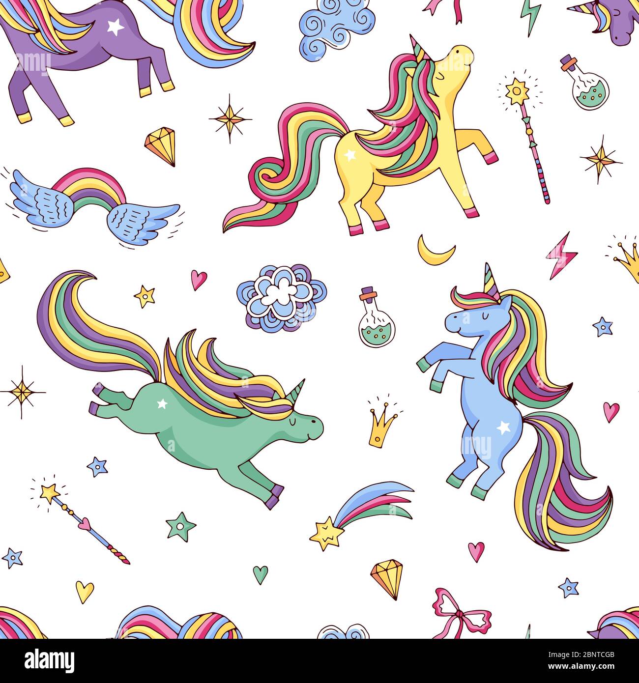Vector cute hand drawn magic unicorns and stars pattern or background illustration Stock Vector