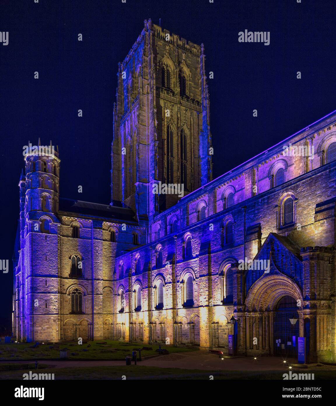 Durham Cathedral floodlit on May15 2020 in blue at night to celebrate NHS Covid19 Key Workers, Durham City, County Durham, England, United Kingdom Stock Photo