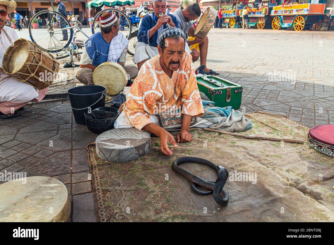 snake charmer  in Jemaa El f’na Market Marrakesh's medina quarter. It remains the main square of Marrakesh morocco Stock Photo