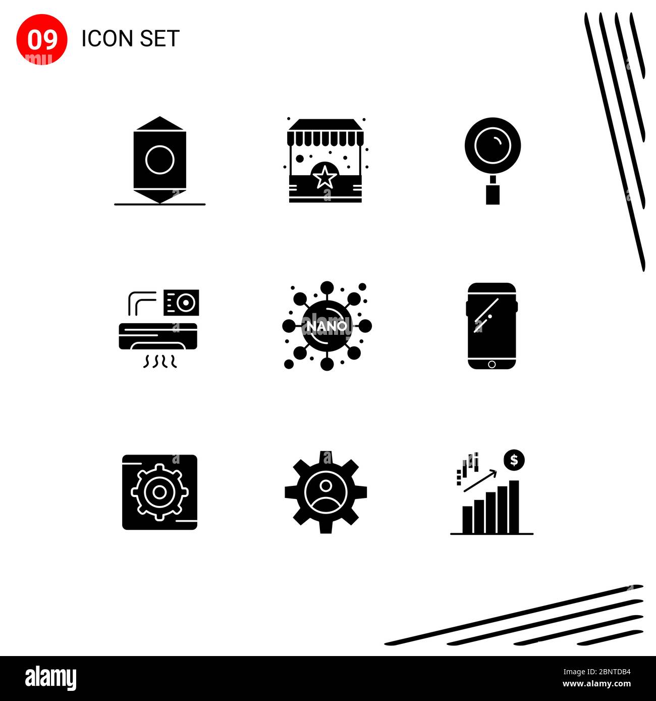 9 Universal Solid Glyphs Set for Web and Mobile Applications experiment, room, find, ac, air Editable Vector Design Elements Stock Vector