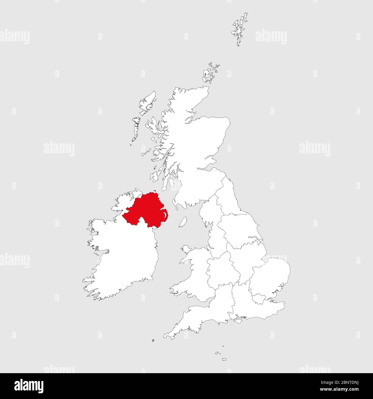 Northern Ireland map highlighted red on united kingdom political map. Light gray background. Perfect for Business concepts, backgrounds, backdrop, cha Stock Vector