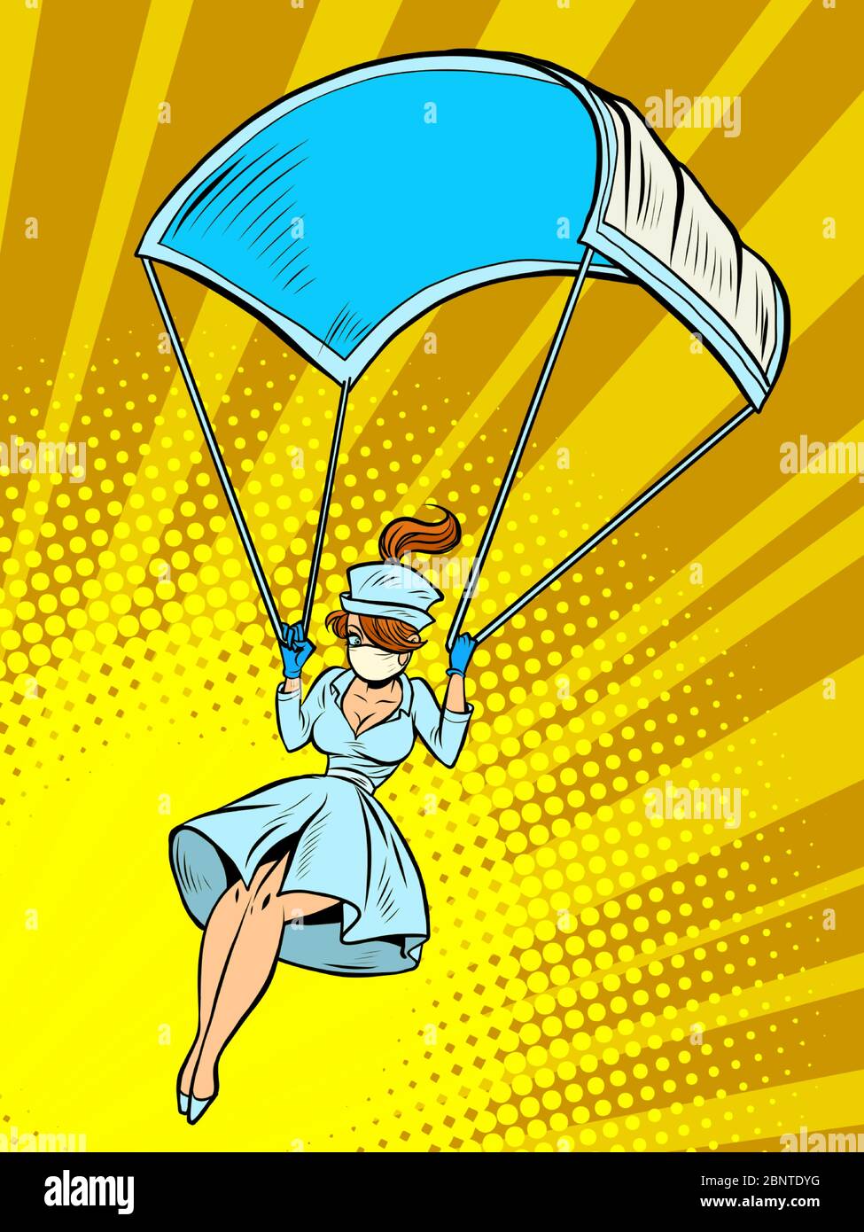 super hero nurse goes down on a parachute like a medical mask Stock Vector