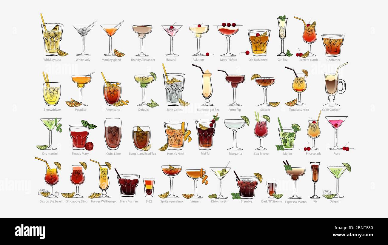 Cocktails set. Every day alcoholic unforgettable pina colada americano bloody mary paradise. Stock Vector