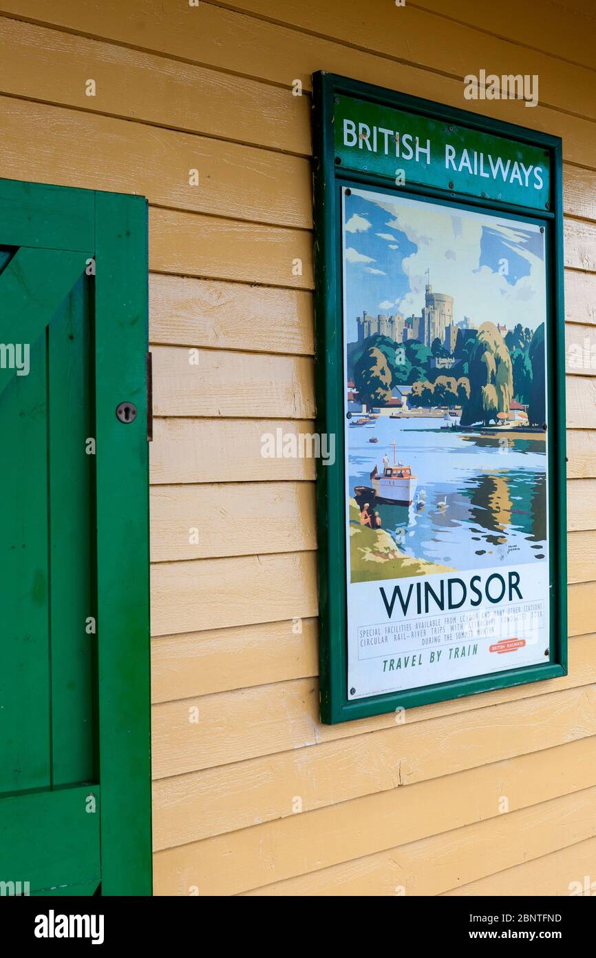 Vintage British Railways Travel Poster featuring Windsor (1955, Frank Sherwin) on Smallbrook Junction station, Isle of Wight Steam Railway Stock Photo