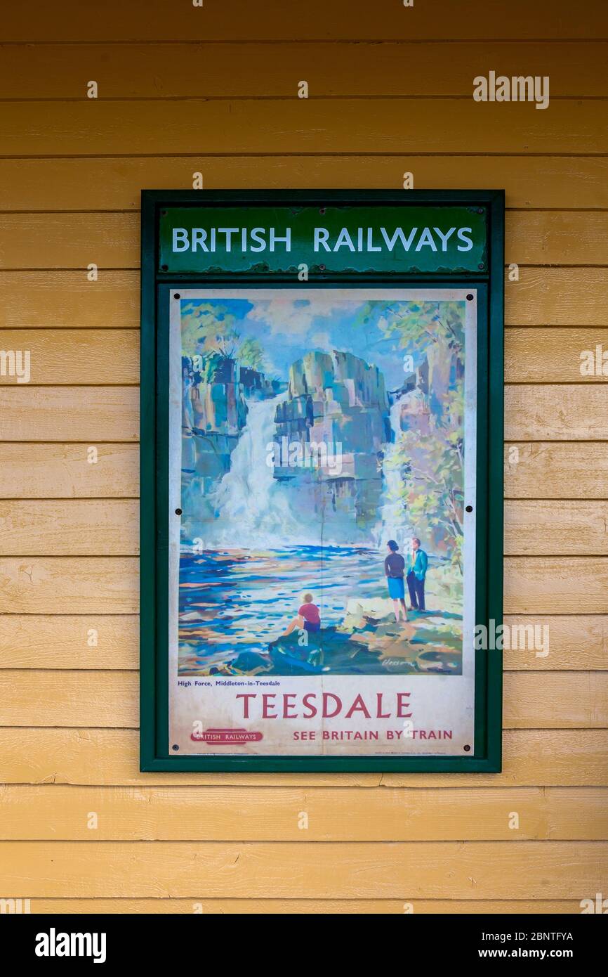 Vintage British Railways Travel Poster featuring High Force waterfall in Teesdale (Edward Wesson, 1960) on Isle of Wight Steam Railway Stock Photo