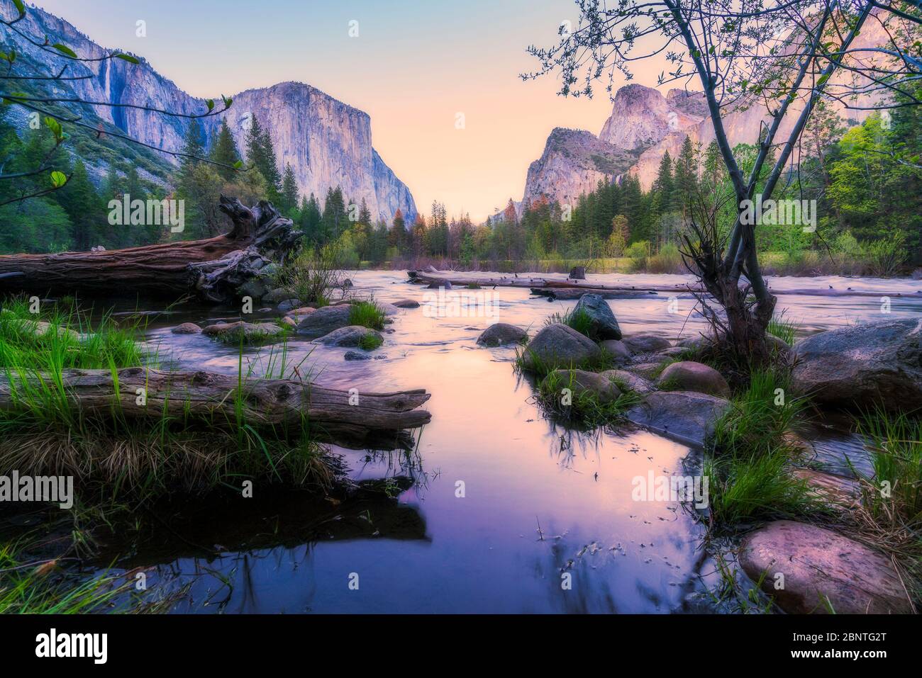 scenic view of El Capital and Cathedral cliff with river foreground,shoot in the morning in spring season,Yosemite National park,California,usa. Stock Photo
