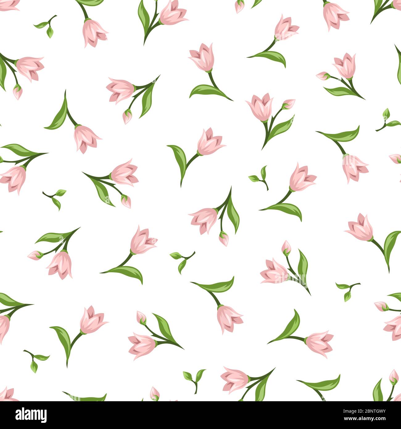 Vector seamless pattern with pink flowers and green leaves on a white ...