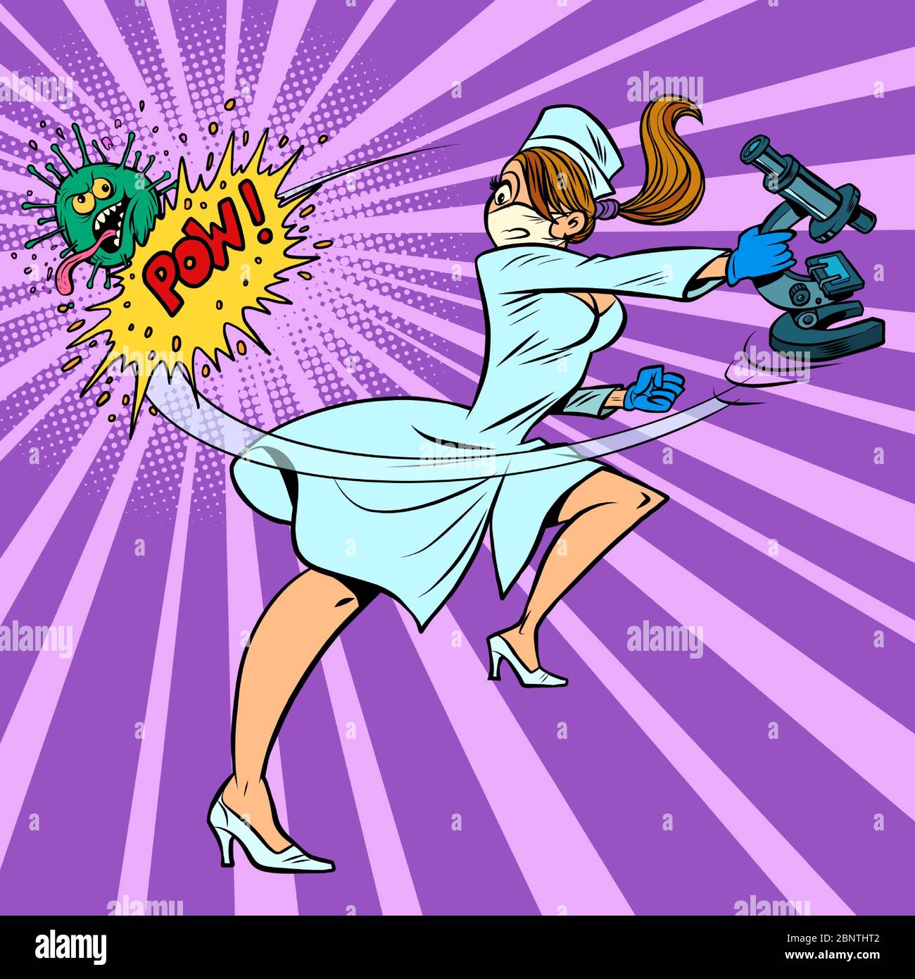 super hero nurse kills coronavirus, scientific research Stock Vector