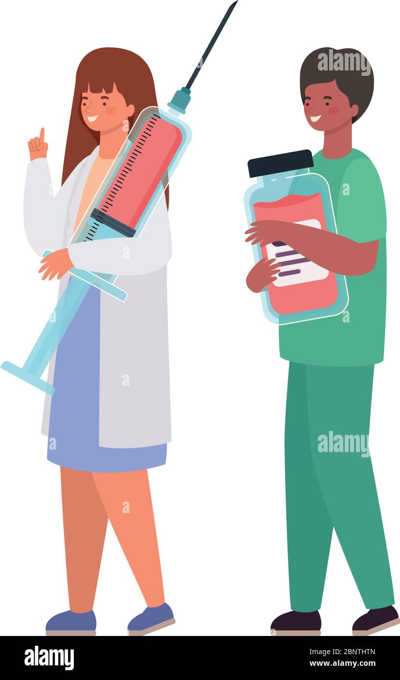 Woman and man doctor with uniform injection and medicine jar vector ...