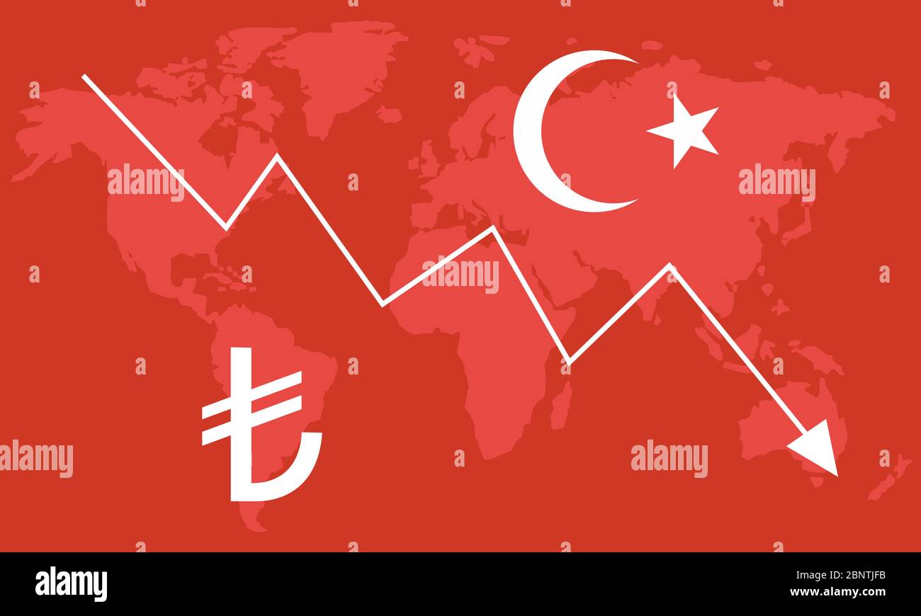 Turkish Lira Exchange currency rate fall. Turkey currency, finance and economy element. Stock Vector