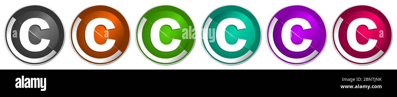 Copyright icon set, silver metallic chrome border vector web buttons in 6 colors options for webdesign Stock Vector