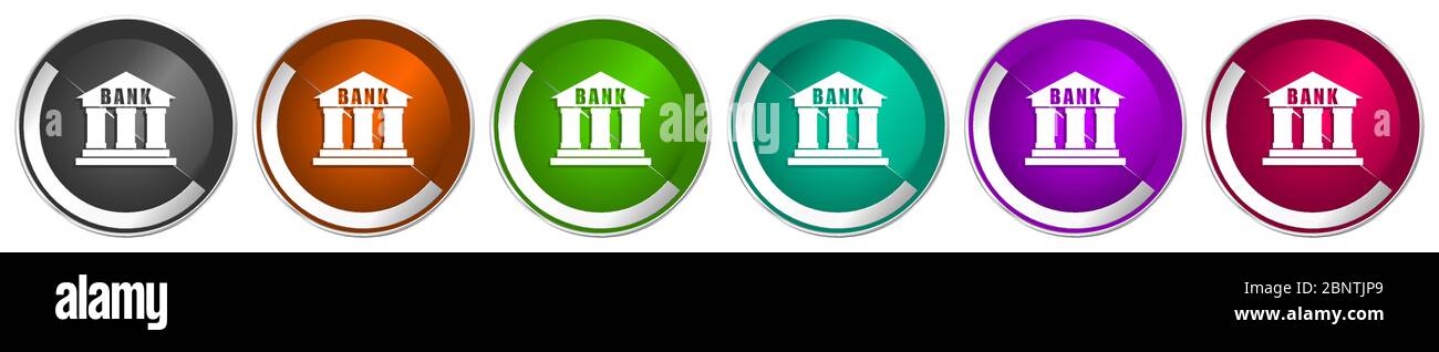 Bank icon set, silver metallic chrome border vector web buttons in 6 colors options for webdesign Stock Vector