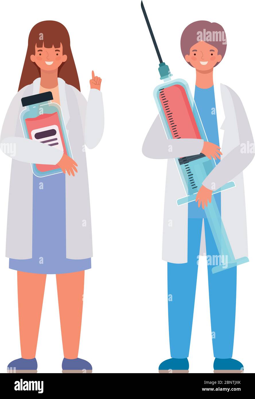 Woman and man doctor with uniform injection and medicine jar vector ...