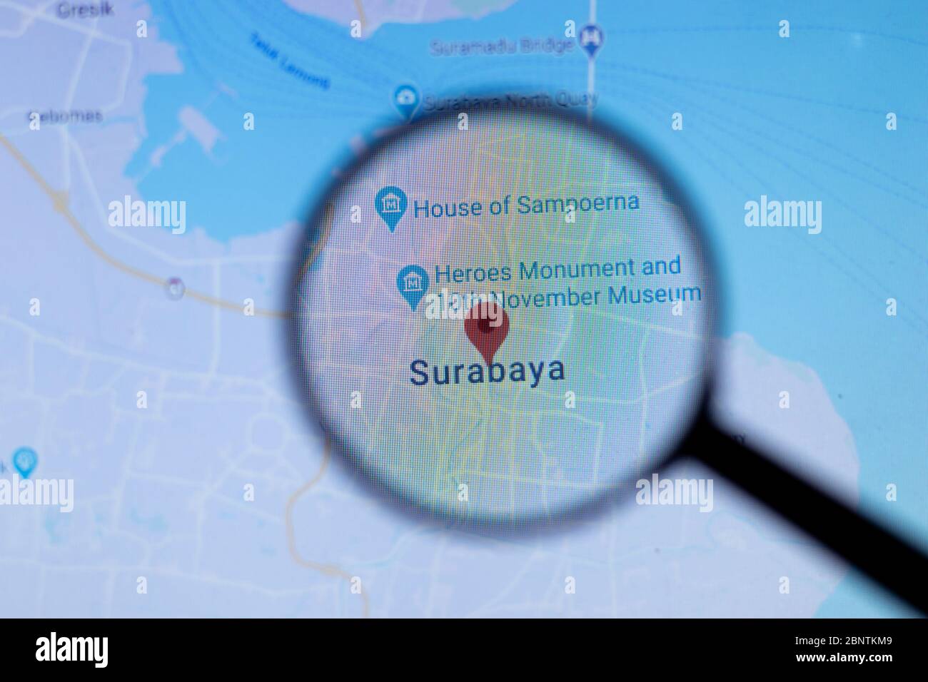 Los Angeles, California, USA - 1 May 2020: Surabaya City Town name with location on map close up, Illustrative Editorial Stock Photo