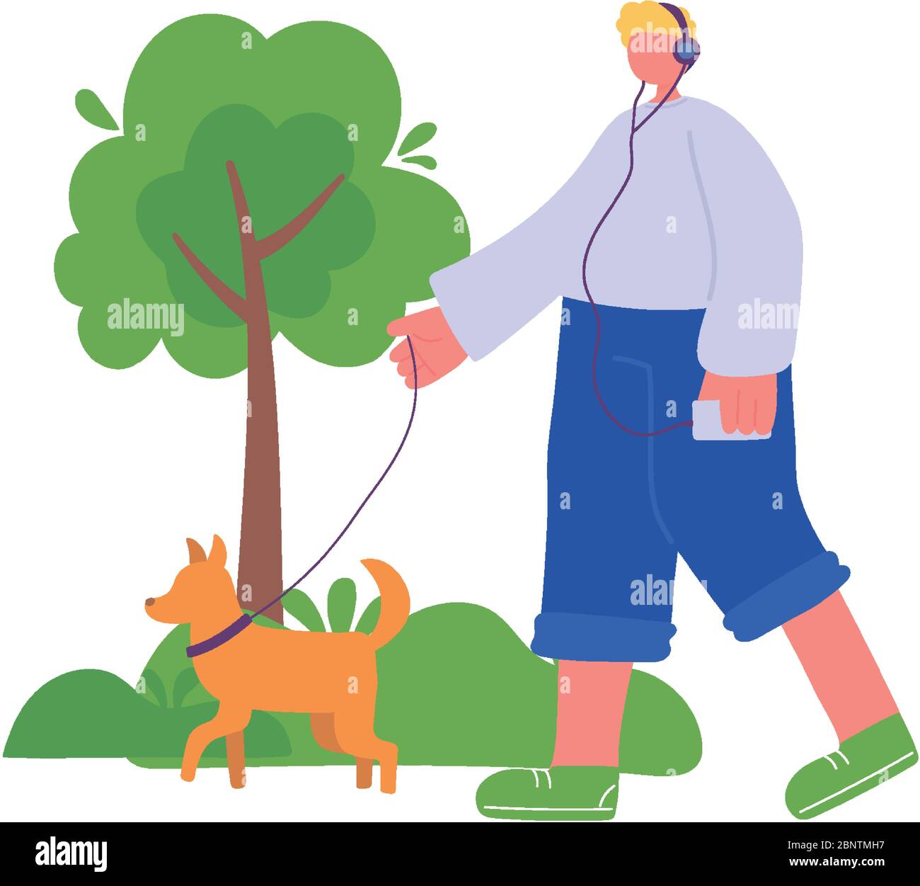 people activities, young man listening music and walking with dog