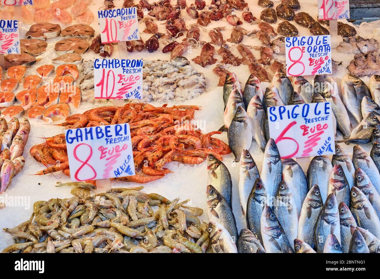 Bass and other fish and seafood for sale at a market in Naples, Italy