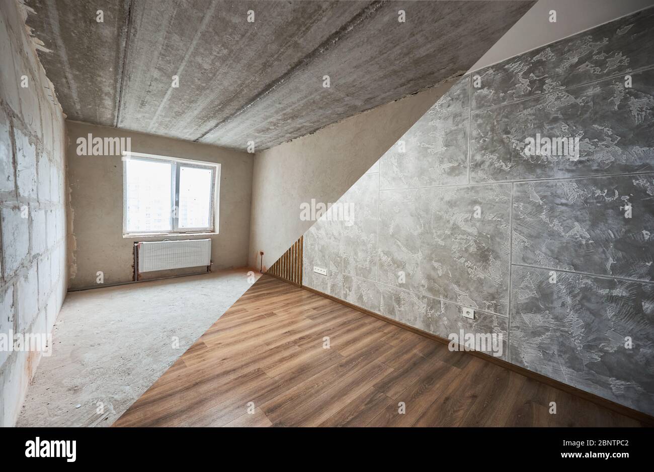 Empty room with large plastic window and heating radiators before and after refurbishment. Comparison of old room and new renovated place with parquet and gray walls. Concept of home renovation. Stock Photo
