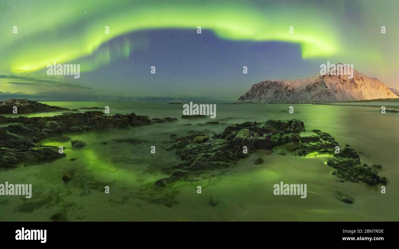 Northern lights at Skagsanden beach, Flakstadoya, Nordland, Lofoten, Norway, Northern Europe Stock Photo