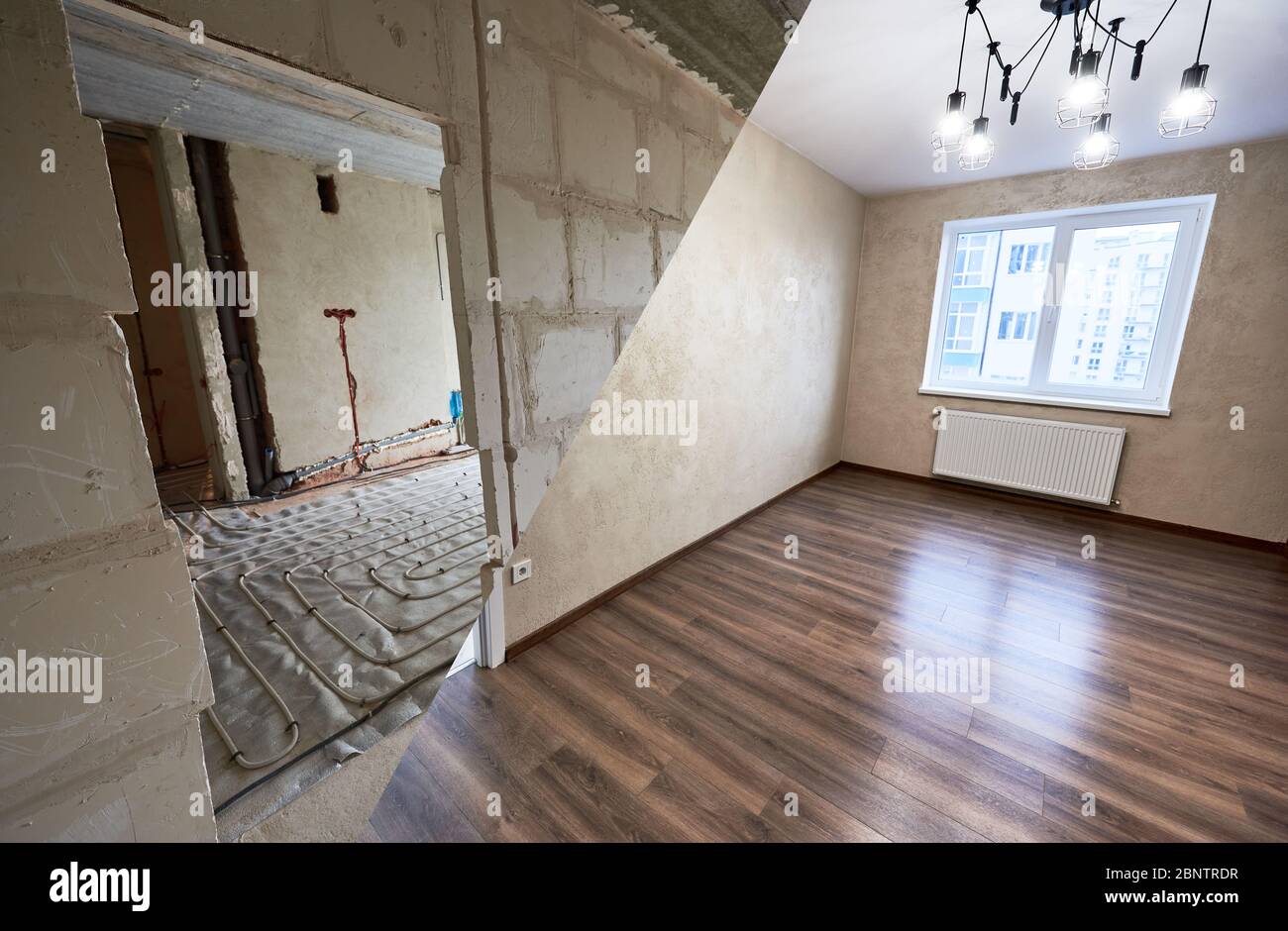 Comparison of room in apartment before and after renovation. Spacious light room with modern wood laminate and chandelier vs empty doorway with a view to another unfinished room. Construction concept Stock Photo