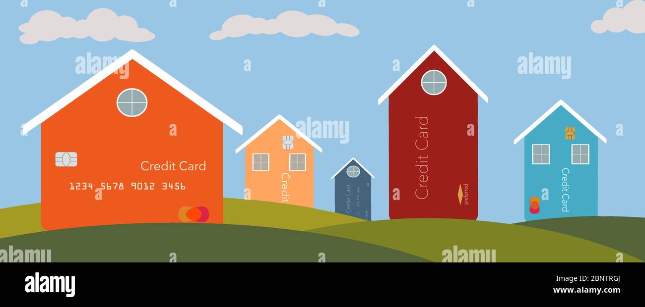 Here is an illustration  showing homes that have credit card facades. Home owners in credit card debt is the theme of this vector image. Stock Vector