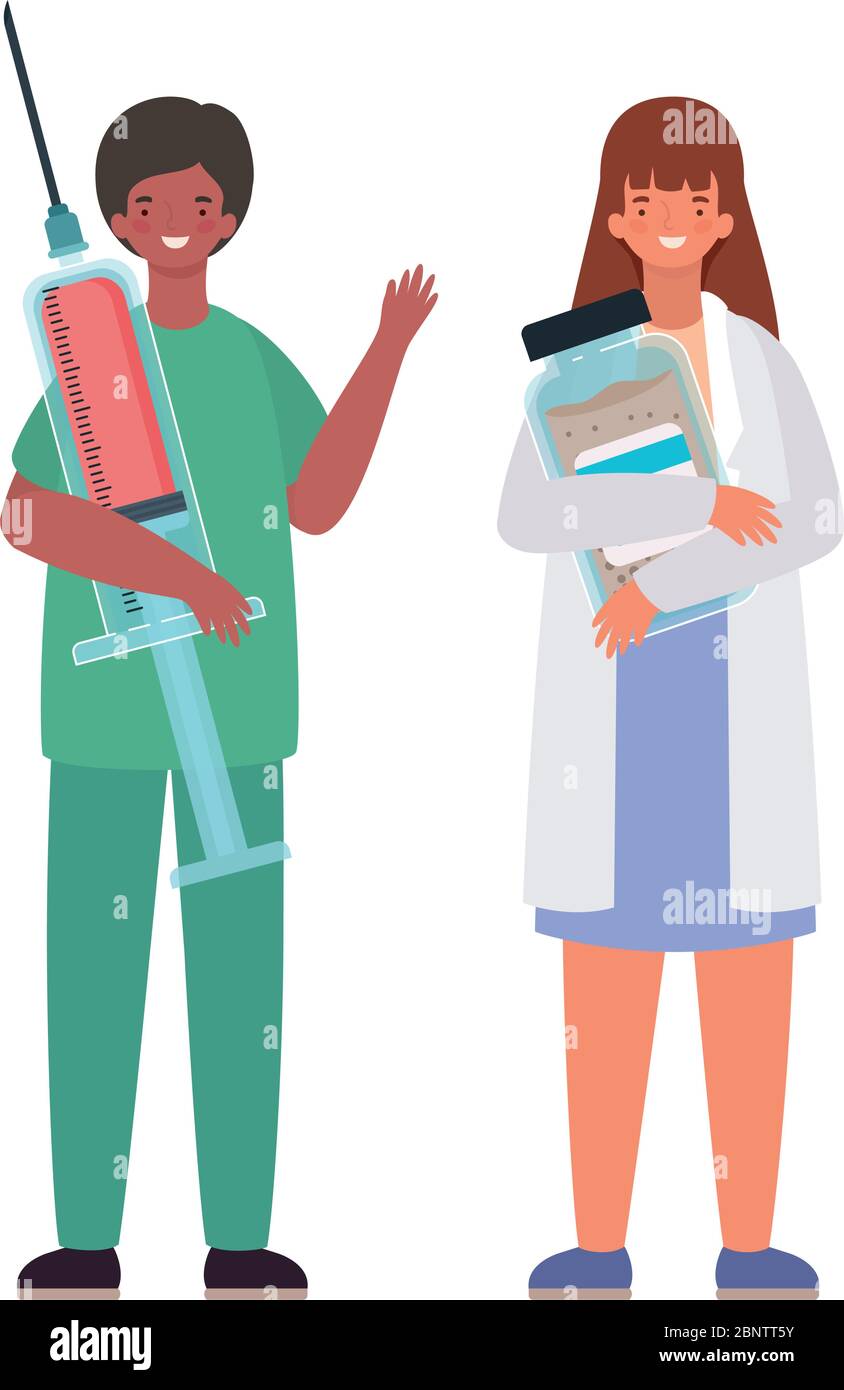 Woman and man doctor with uniform injection and medicine jar vector ...