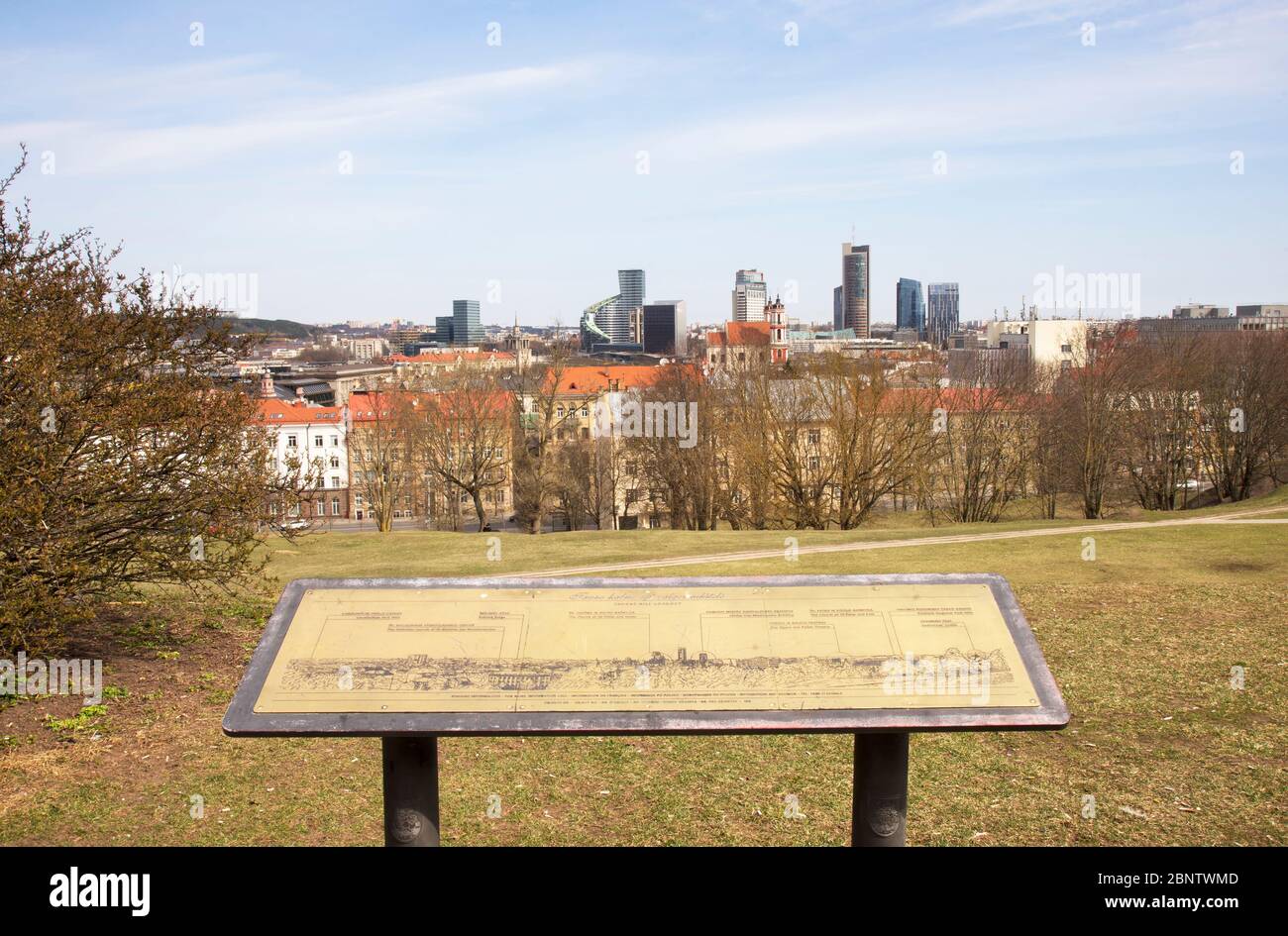 View of new city centre at Snipiskes district from Tauras hill in Vilnius. Lithuania Stock Photo