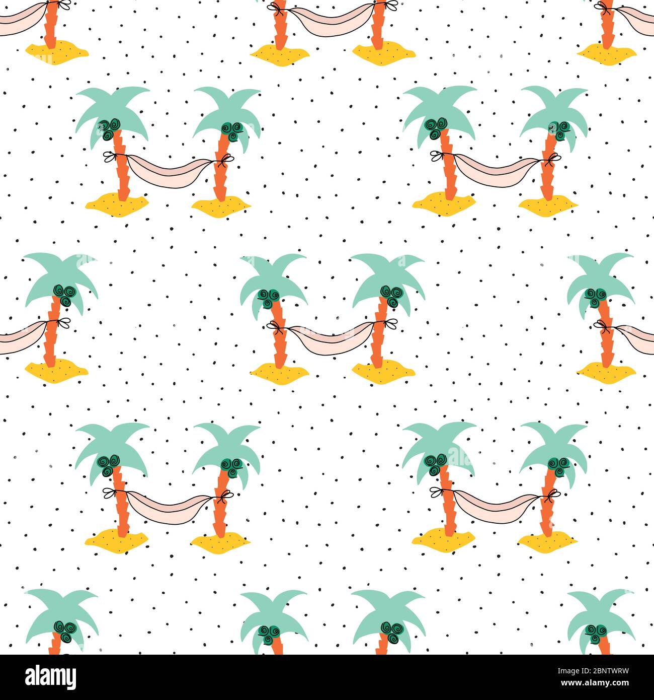 Hammock between coconut palm trees repeating vector background. Seamless summer pattern.  Stock Vector