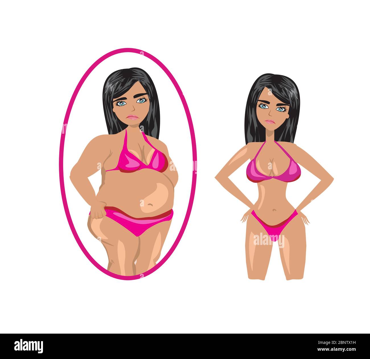 Unhappy girl is looking at herself in the mirror Stock Vector