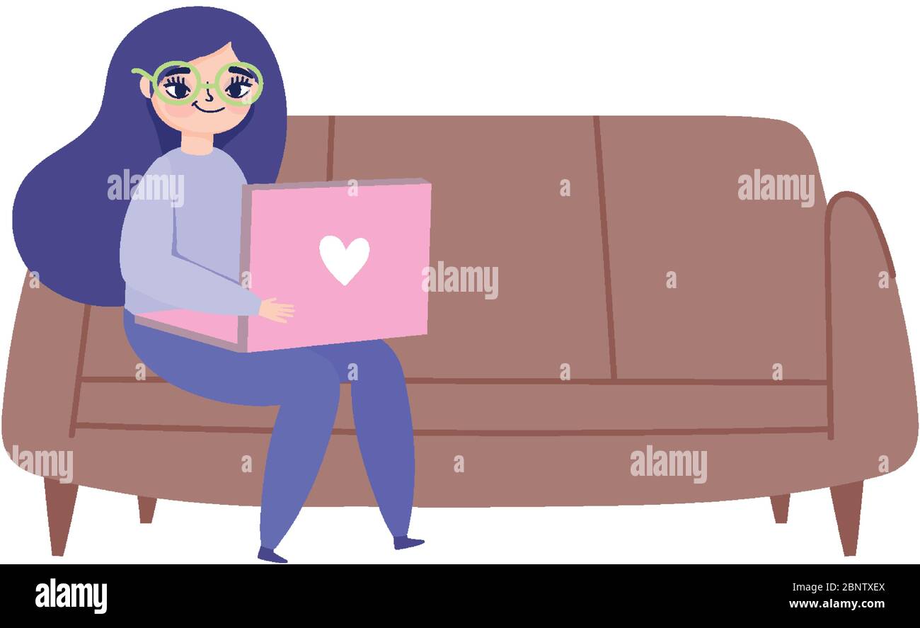 working remotely, young woman sitting on sofa with laptop furniture ...