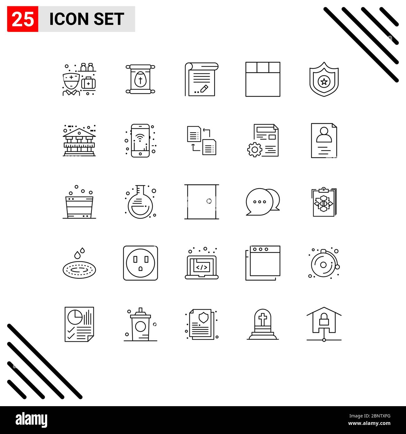 Group of 25 Lines Signs and Symbols for shield, police, document, layout, notebook Editable Vector Design Elements Stock Vector