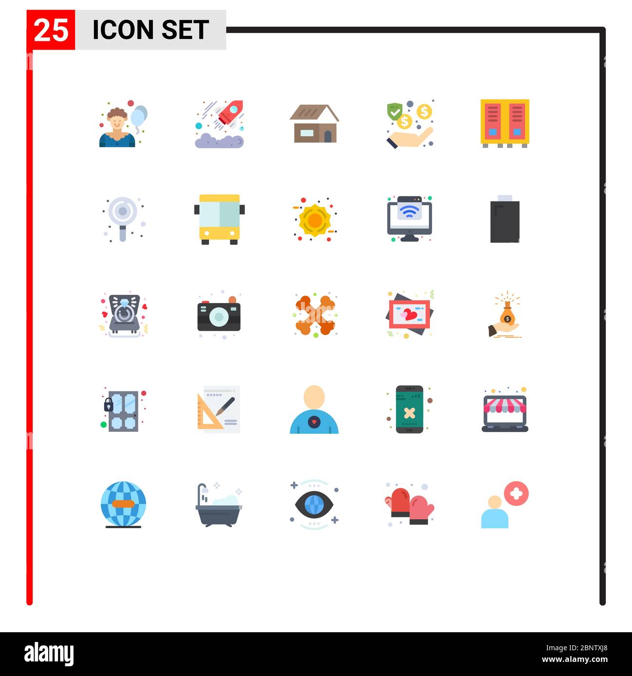 25 Universal Flat Color Signs Symbols of read, education, build, cash, money Editable Vector Design Elements Stock Vector