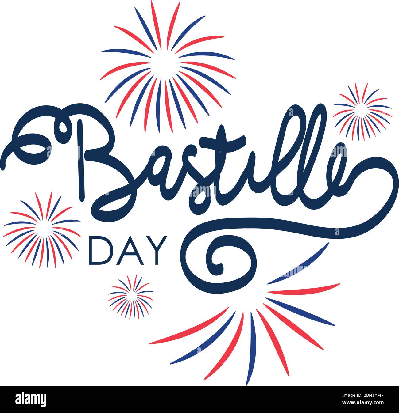 Bastille day lettering design with decorative fireworks over white background, flat style, vector illustration Stock Vector