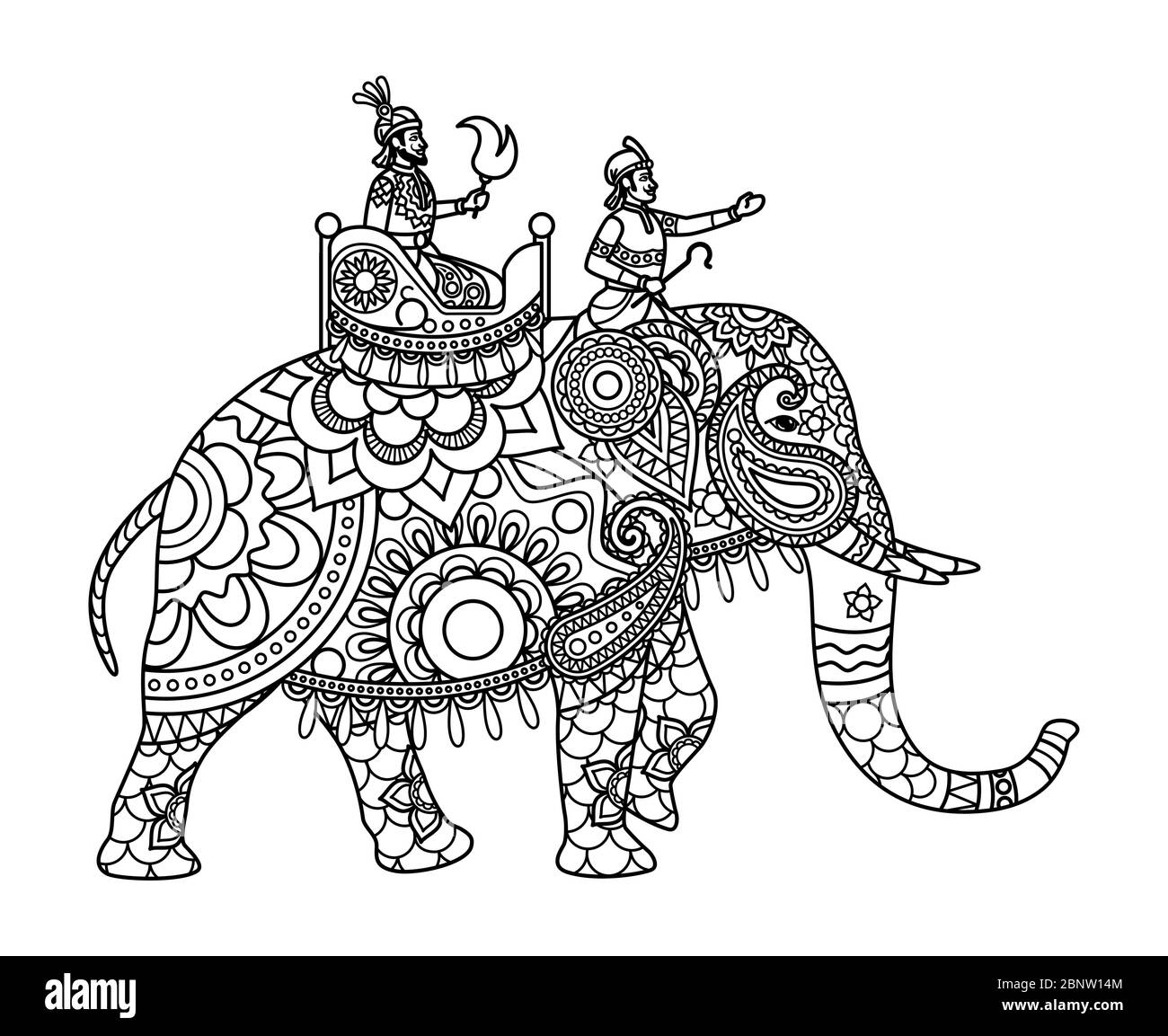 Indian maharajah on the elephant coloring pages template. Vector illustration Stock Vector
