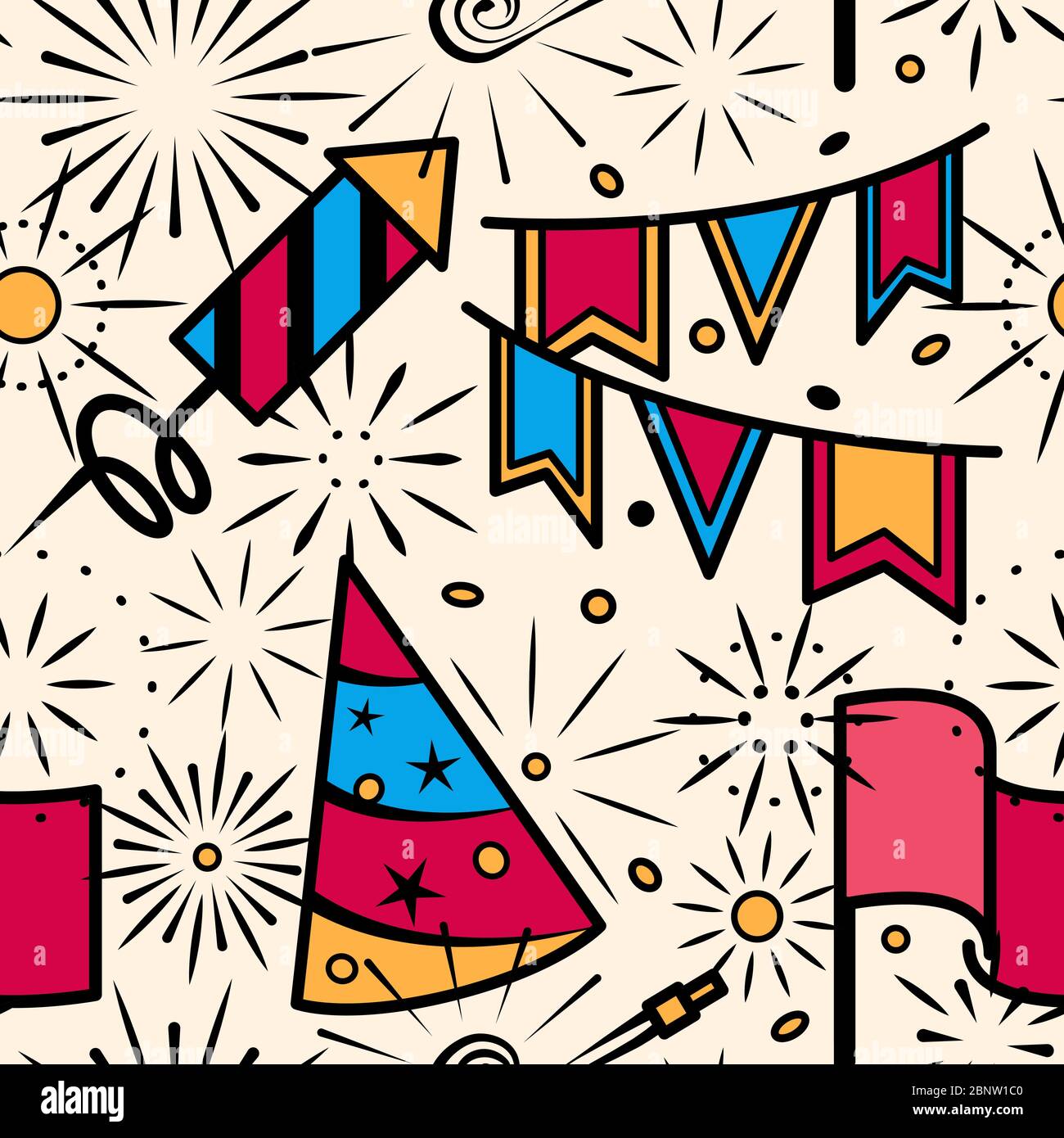 Party celebration with fireworks seamless pattern. Vector illustration Stock Vector