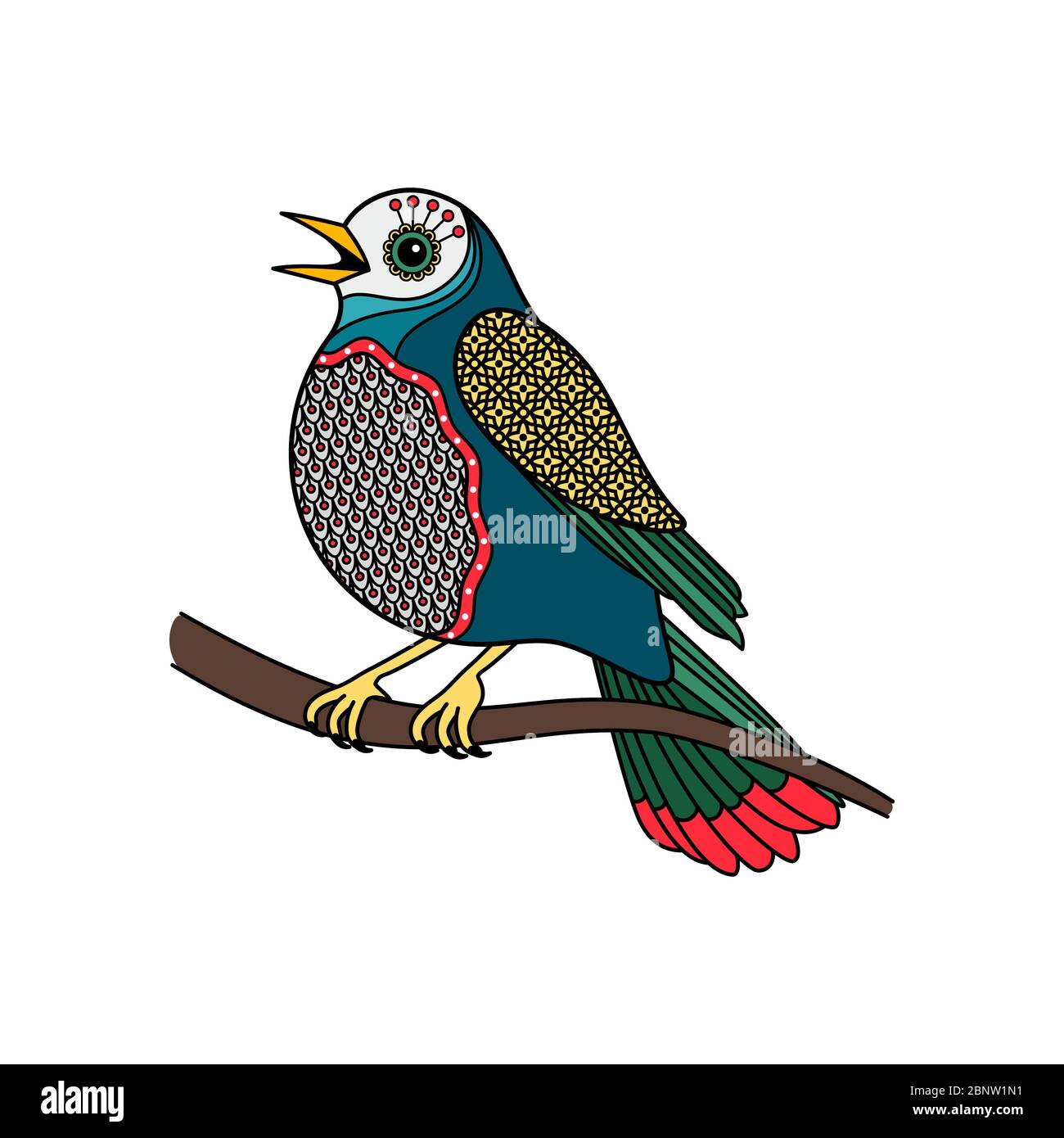 Vector colored bird with floral pattern on white background Stock ...