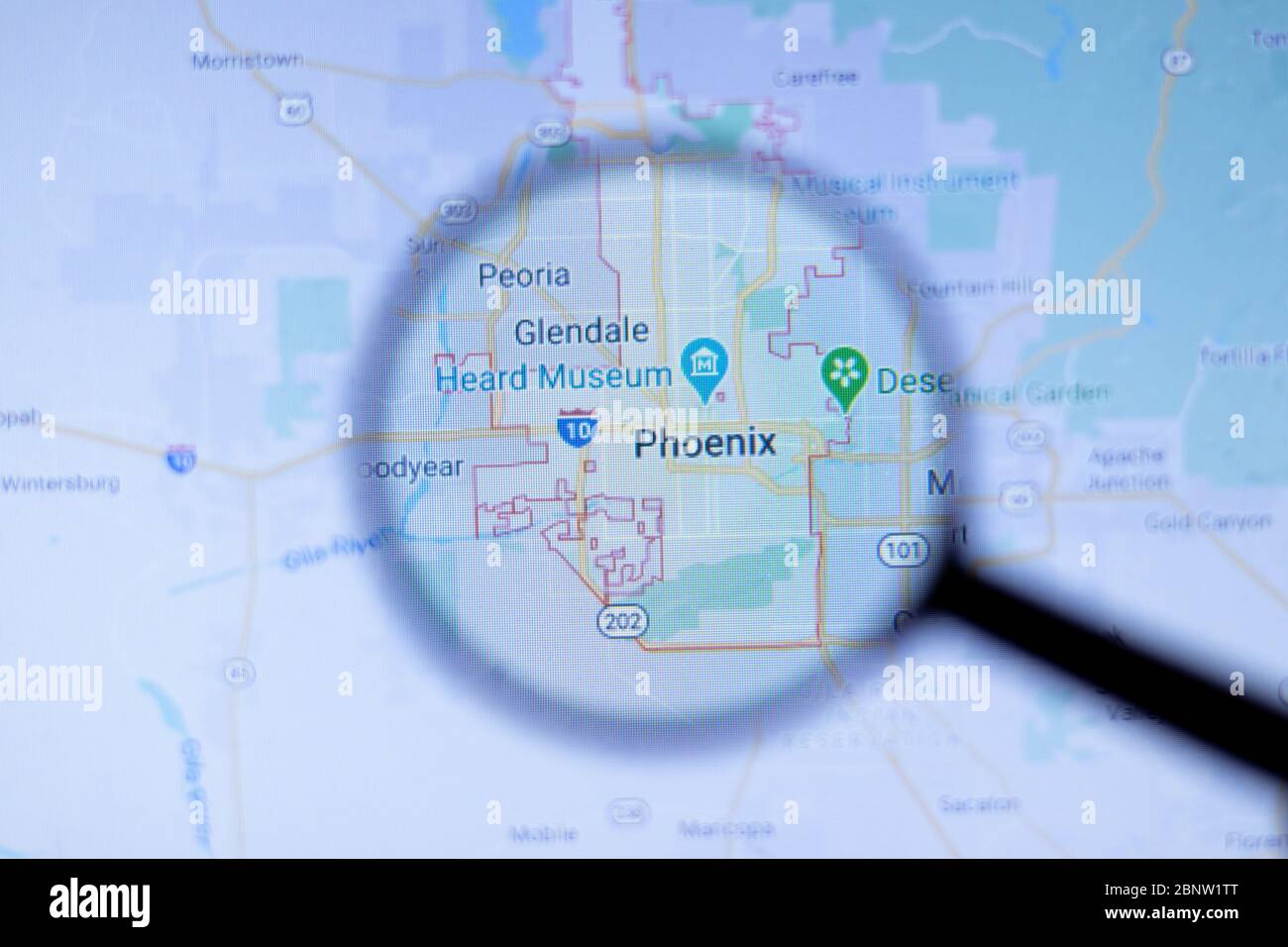 Los Angeles, California, USA - 1 May 2020: Phoenix City Town name with location on map close up, Illustrative Editorial Stock Photo