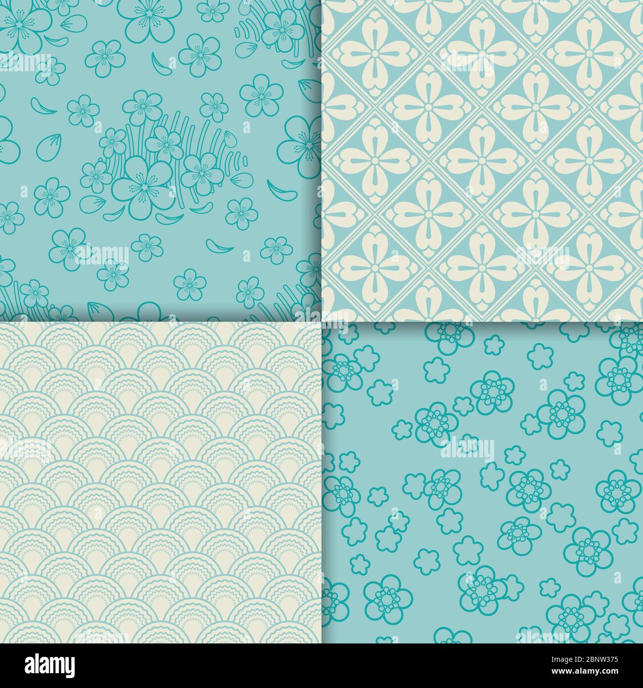 Blue and white sakura pattern set. Vector illustration Stock Vector