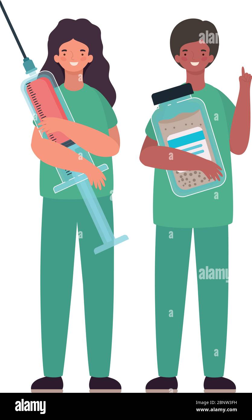Woman and man doctor with uniform injection and medicine jar vector ...