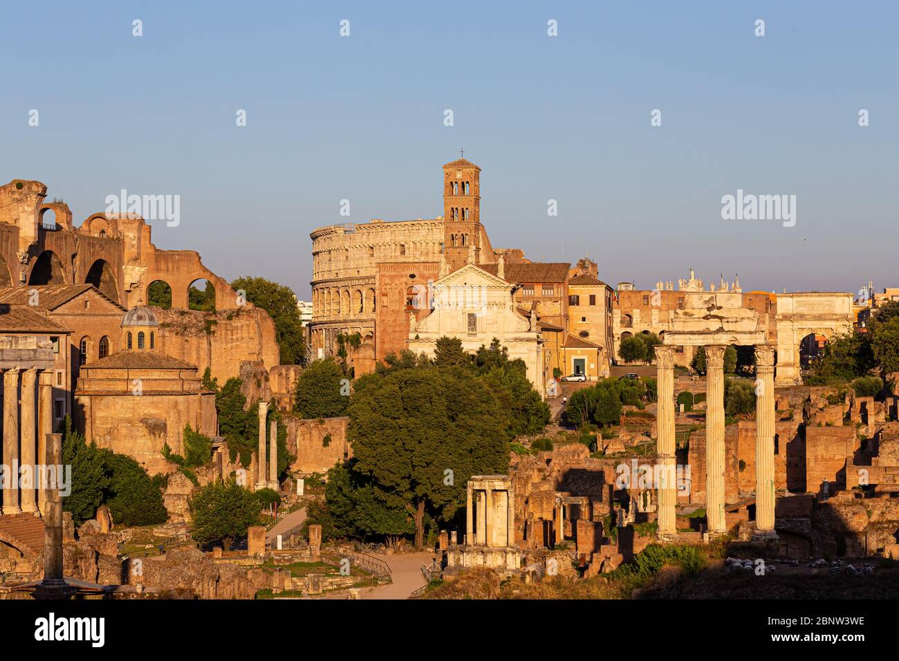 ROME, ITALY - AUGUST 10, 2019: view of ancient Rome, Imperial Fora and Colosseum Stock Photo