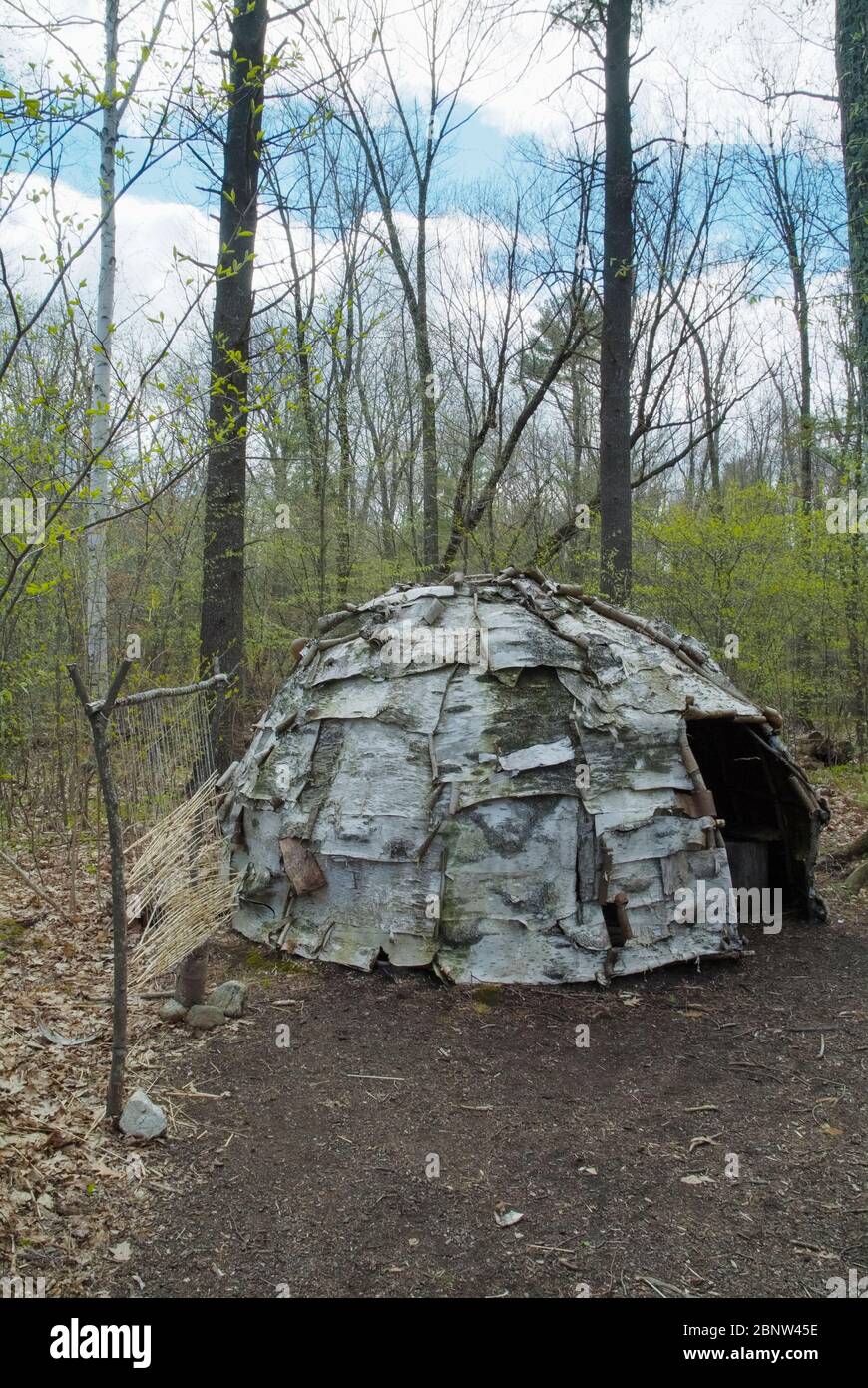 A wigwam at Sandy Point Discovery center in Stratham, New Hampshire. Wigwams are dome-shaped huts or tents that were used by Native American tribes. Stock Photo