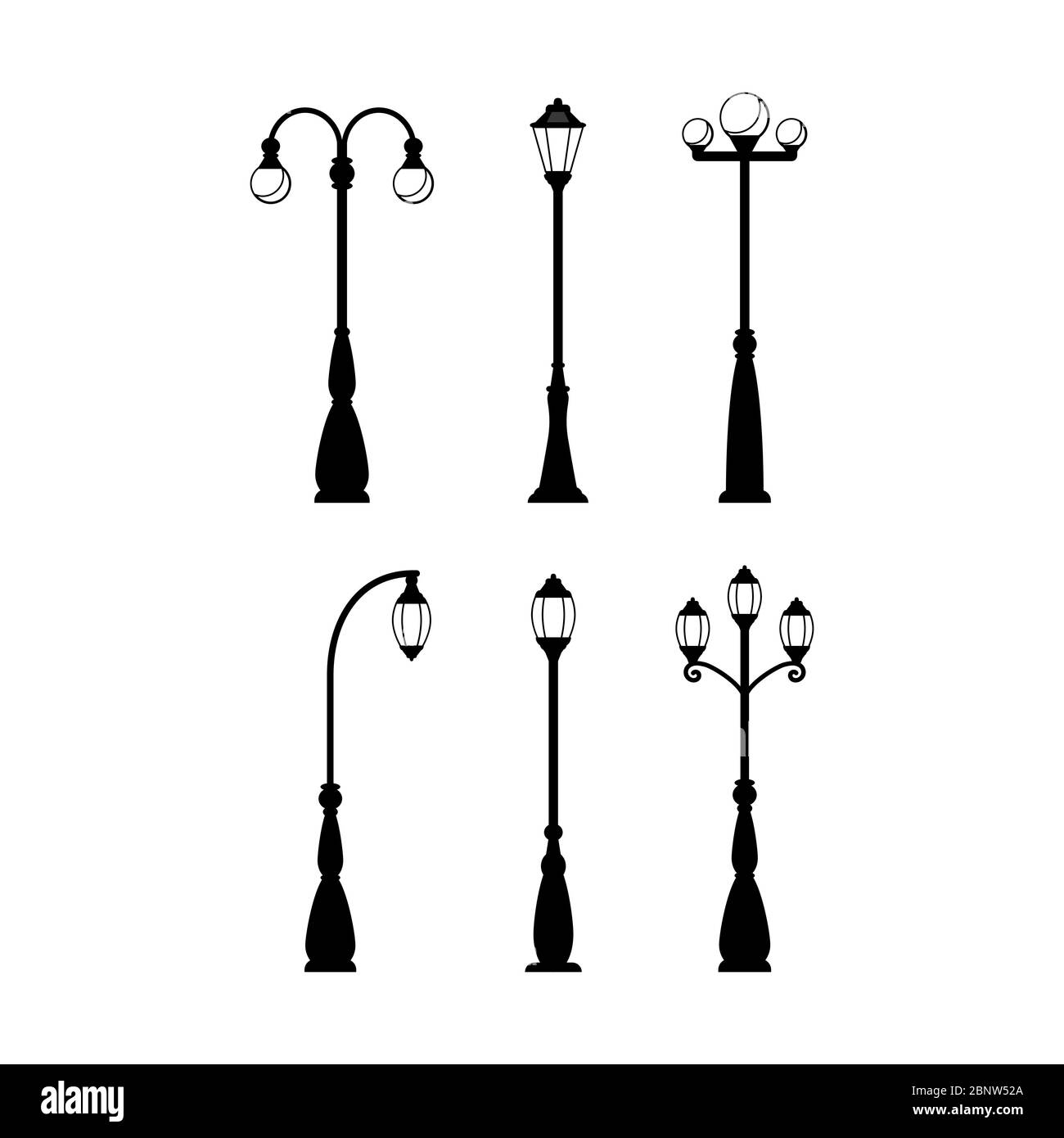 Vintage streetlights black silhouettes set. Vector retro street lamp lights isolated on white background Stock Vector