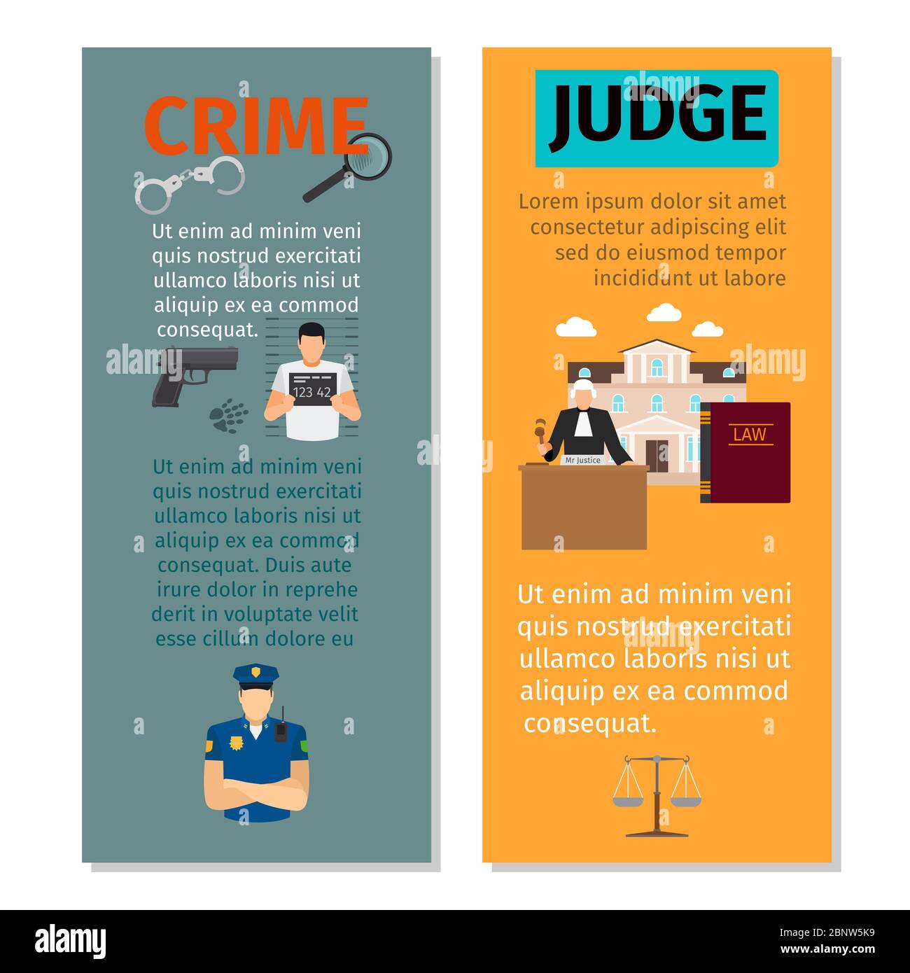 Crime and judge concept vertical flyers design, vector illustration Stock Vector