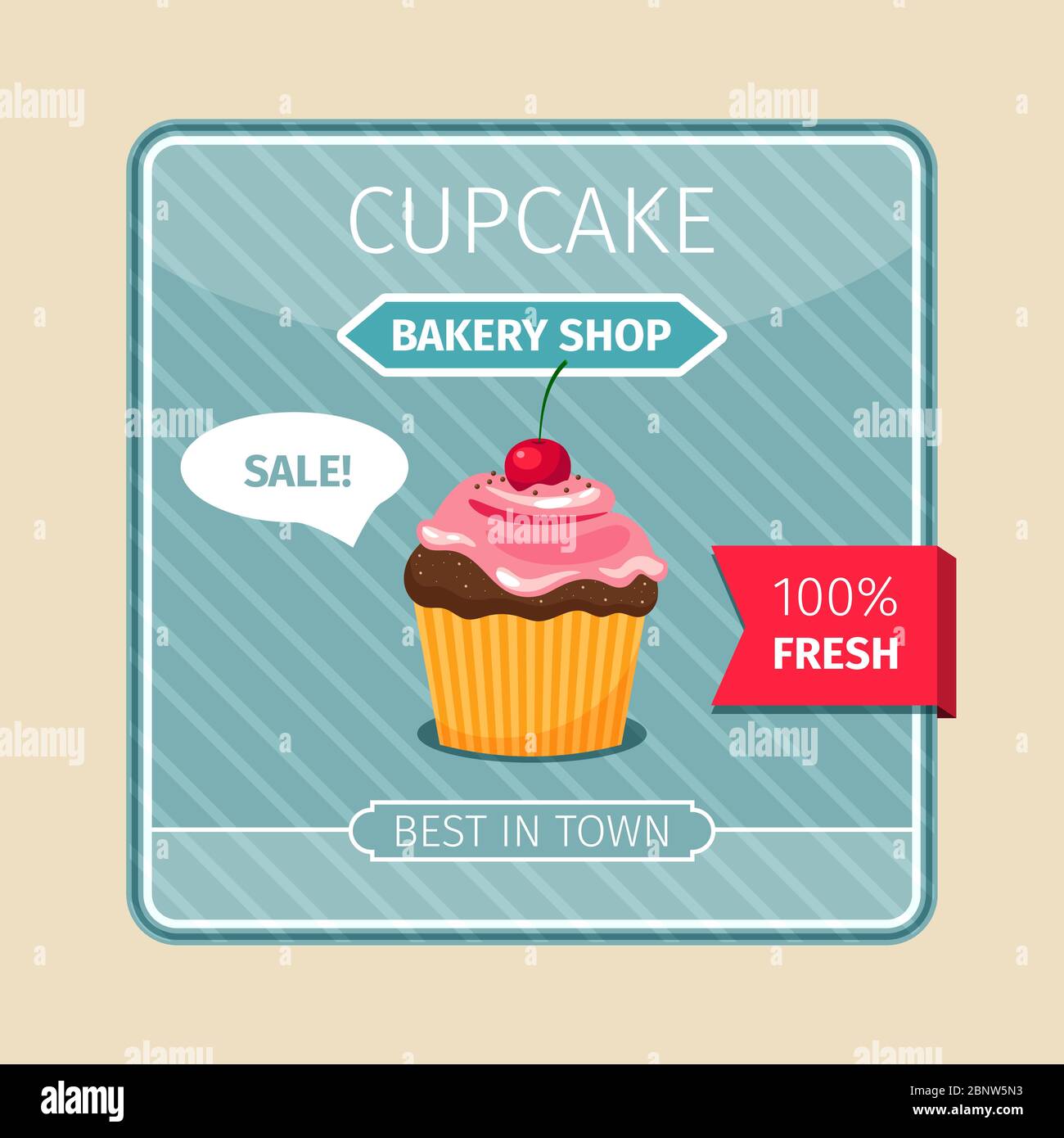 Cute card brown cupcake with cherry, vector illustration Stock Vector
