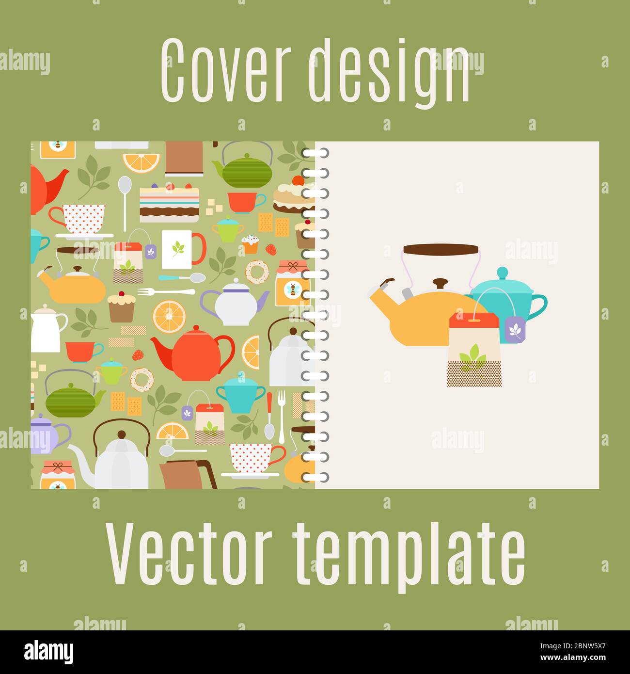 Cover design for print with teapots and cups pattern. Vector illustration Stock Vector