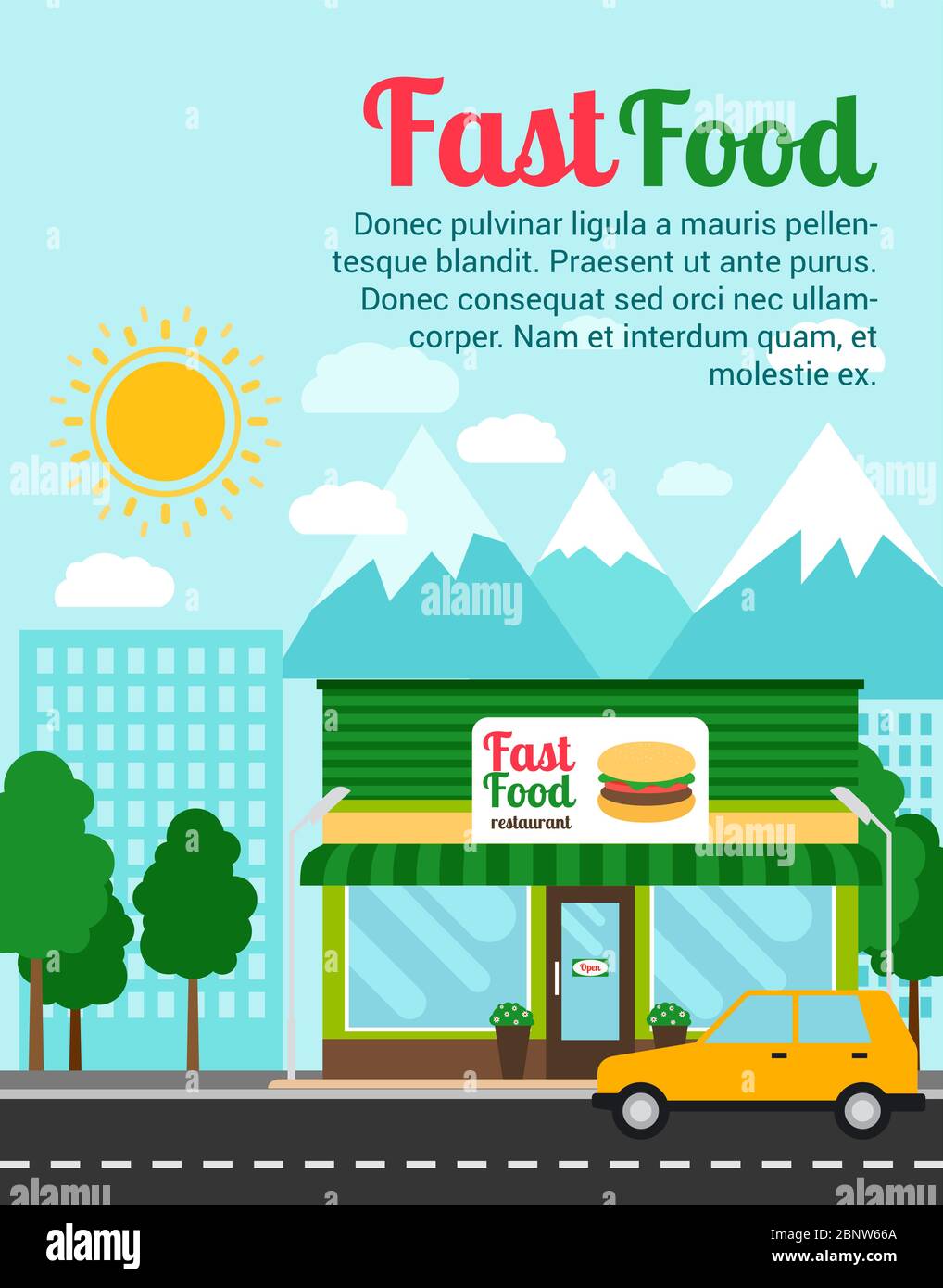 Fast food restaurant advertising banner with shop building and