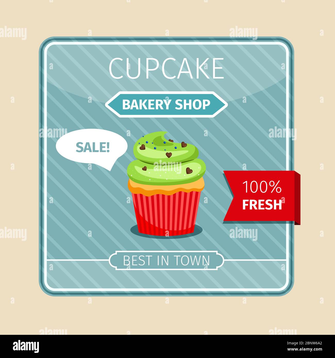 Cute card green cupcake with chocolate hearts, vector illustration Stock Vector