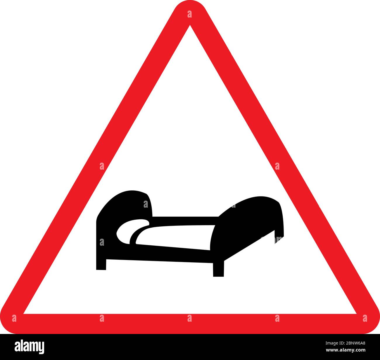 Hospital bed cross traffic sign. Red triangle background. Emergency